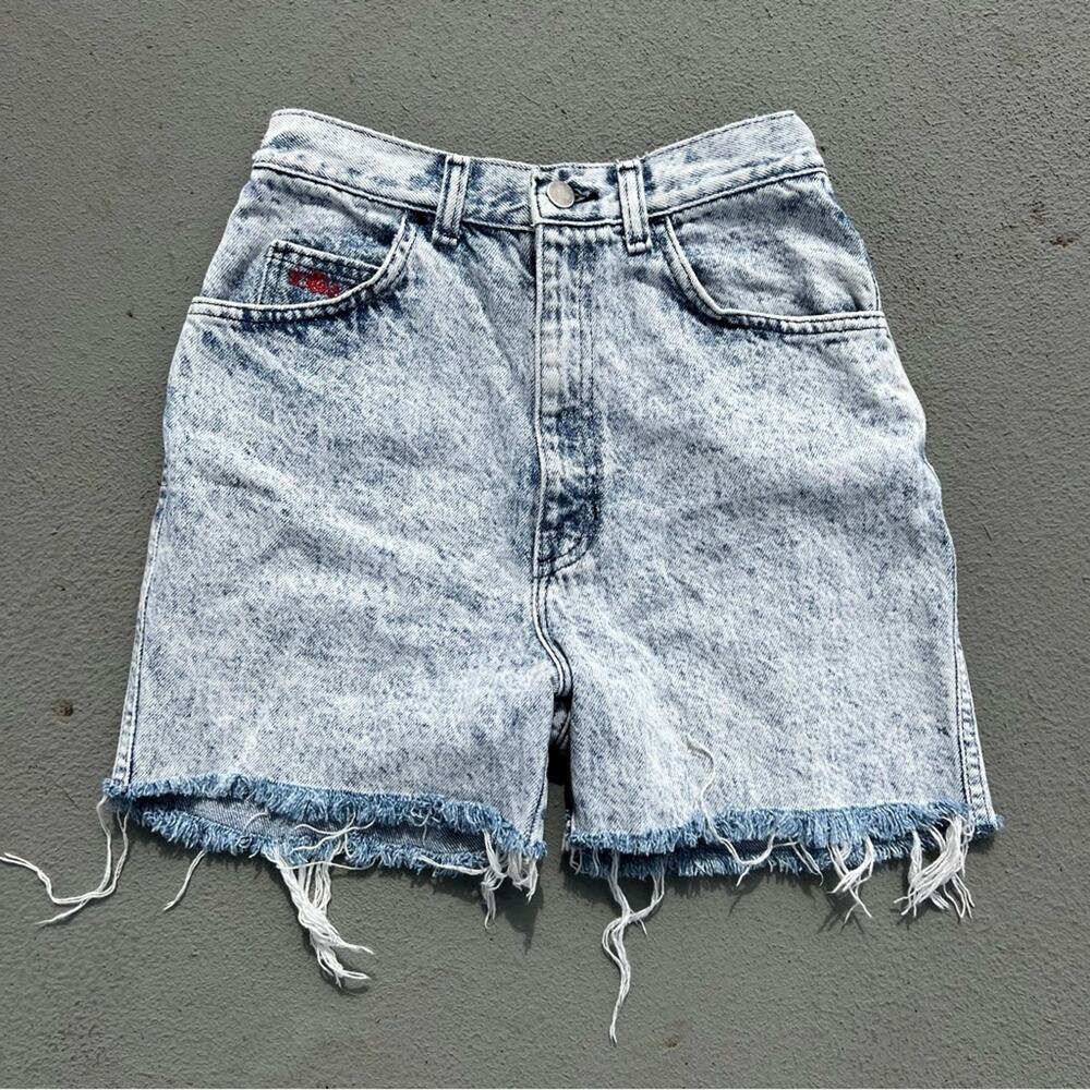 Vint 80s Congo Traders high rise acid wash cut off fray hem bareback Jean shorts